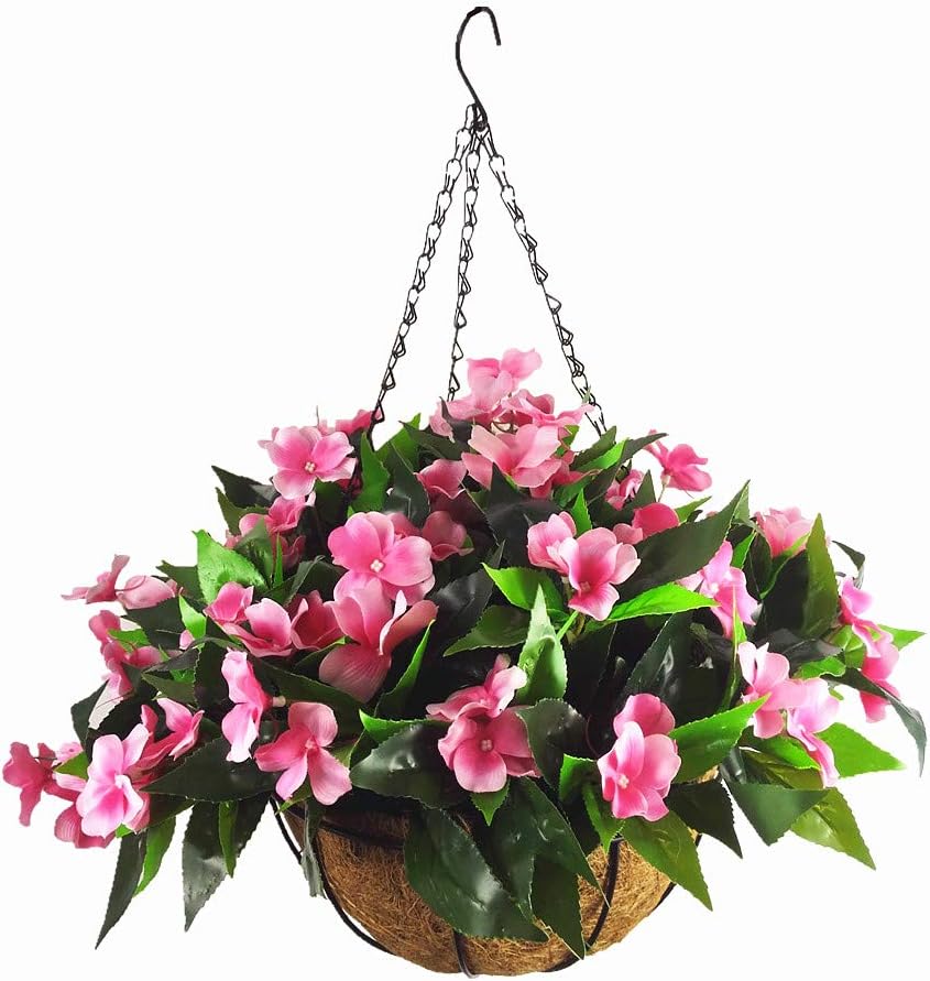 Mynse Silk Impatiens Flowers Hanging Coco Basket Artificial Impatiens Flower for Balcony Home Decoration, Rose Red (Big Basket and Artificial Flower)