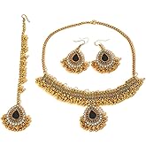 OIDIMS Fashion Choker Necklace Earring Maang Tikka Women's Jewelry Sets Bohemian Jhumka Jhumki Dangle Earrings Pendant Necklaces Crystal Bridal Wedding Mangtika Hair Accessories Jewellery for Ladies