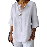 TERIVEEK Summer Linen Shirts for Women Button Down V Neck 3/4 Sleeve T-Shirt Blouse Casual Loose Basic Solid Tunic Tops 2025