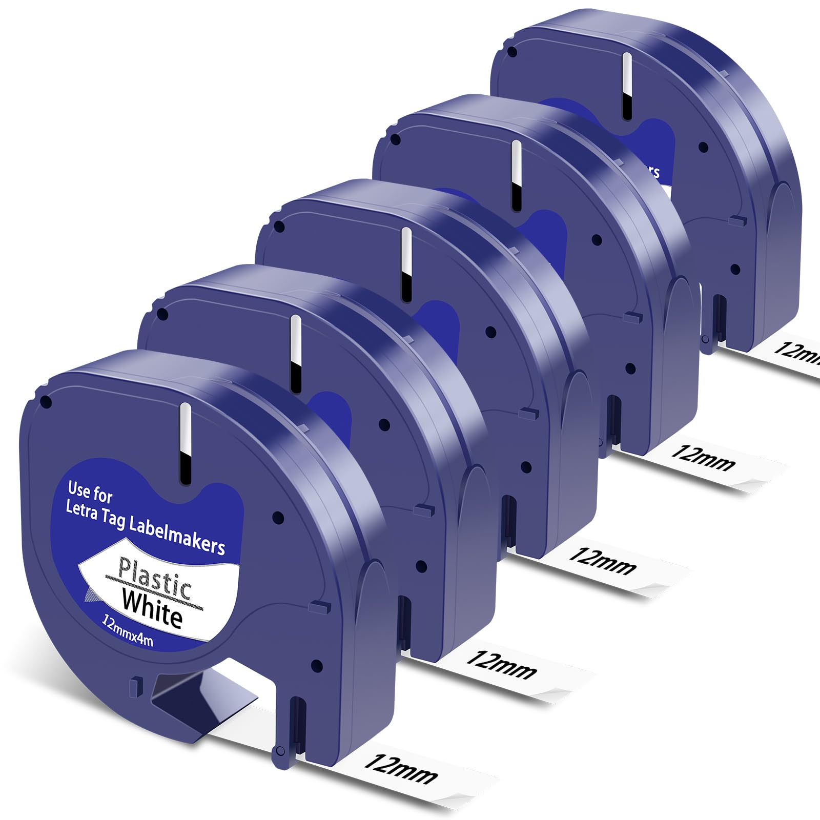 5X Replacement for Dymo Letratag Refills Tape Plastic Black on White, 91201 12mm x 4m, Compatible with Dymo Label Tape LT-100H LT-100T LT-110T 200B XR XM QX50