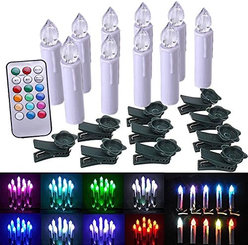 FiveBull Set of 10 Multicolor LED Flameless Taper Candle Flickering LED Candles Tree Light with Remote Timer Function and Removable Clips for Christmas Wedding Party Decoration (Multi-colored)