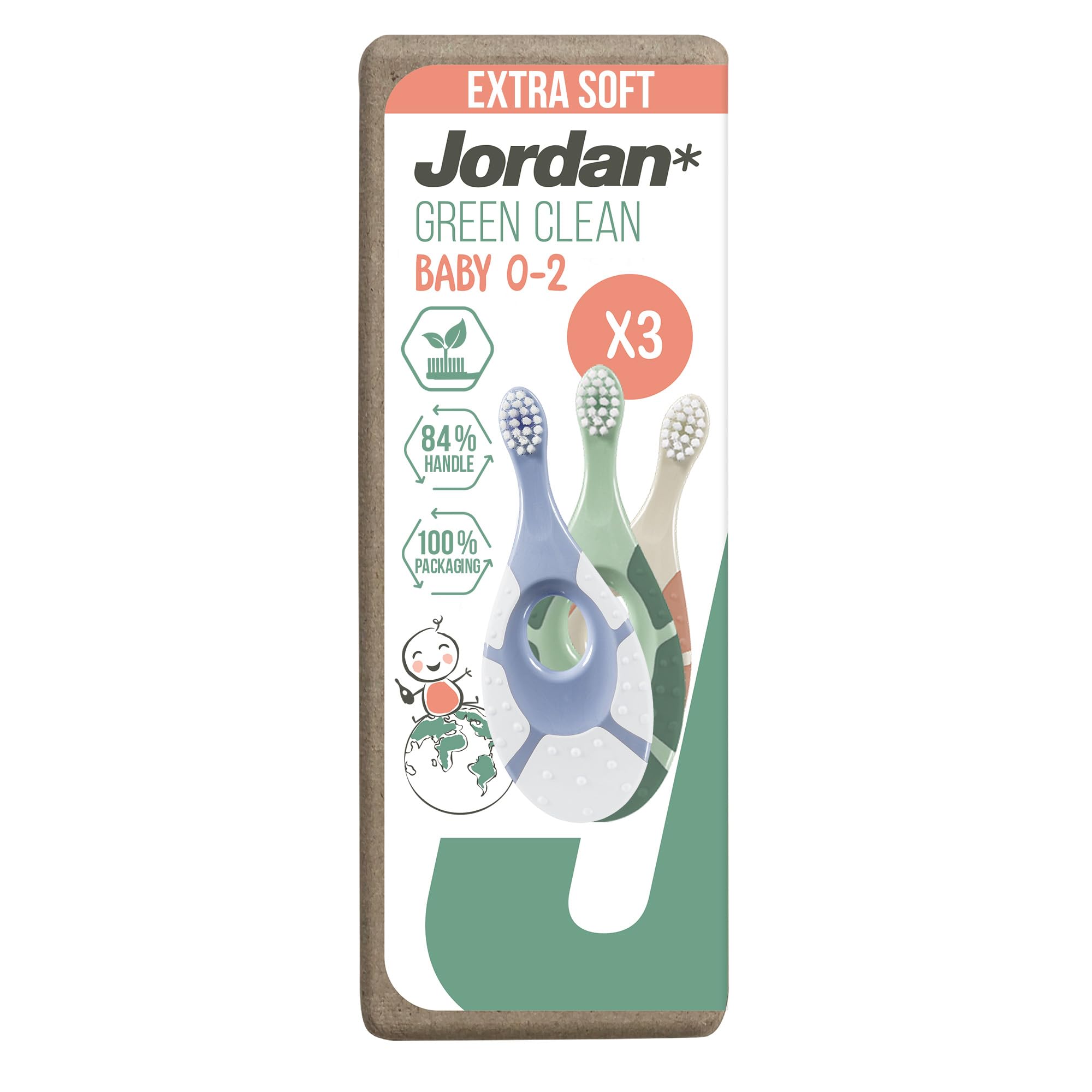 Jordan ® | Step 1 Green Clean Toddler Toothbrush | Sustainable Baby Toothbrush 0-2 Years | Bio Based Extra Soft bristles, 84% Recycled Handle, Soft Biting Ring | Mixed Colors | Pack of 3