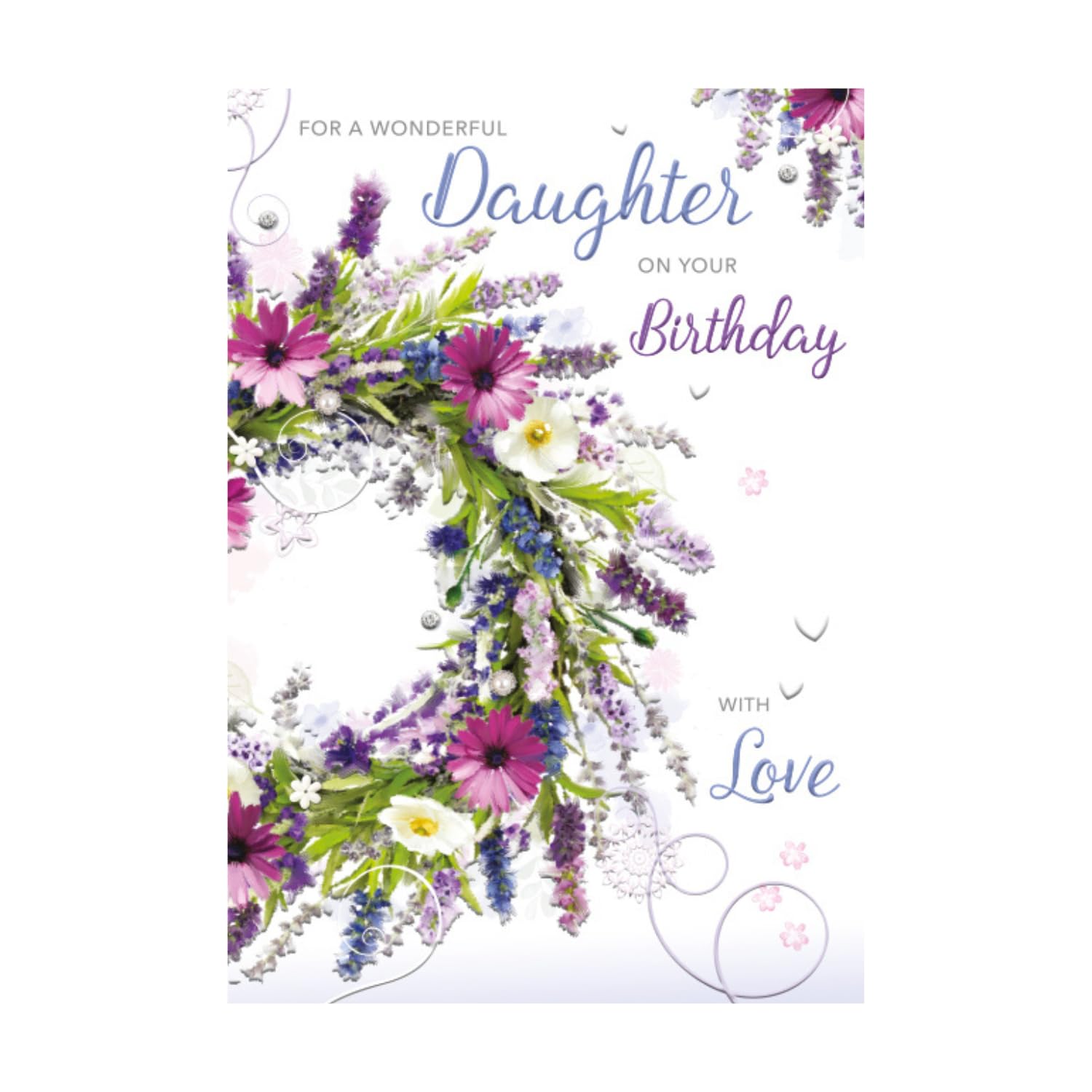 Words n Wishes Artistic Traditional Wonderful Daughter Birthday Card - Jewelled Wildflower Wreath - Embossed Finish - Greeting Card for Her (WW-M054)