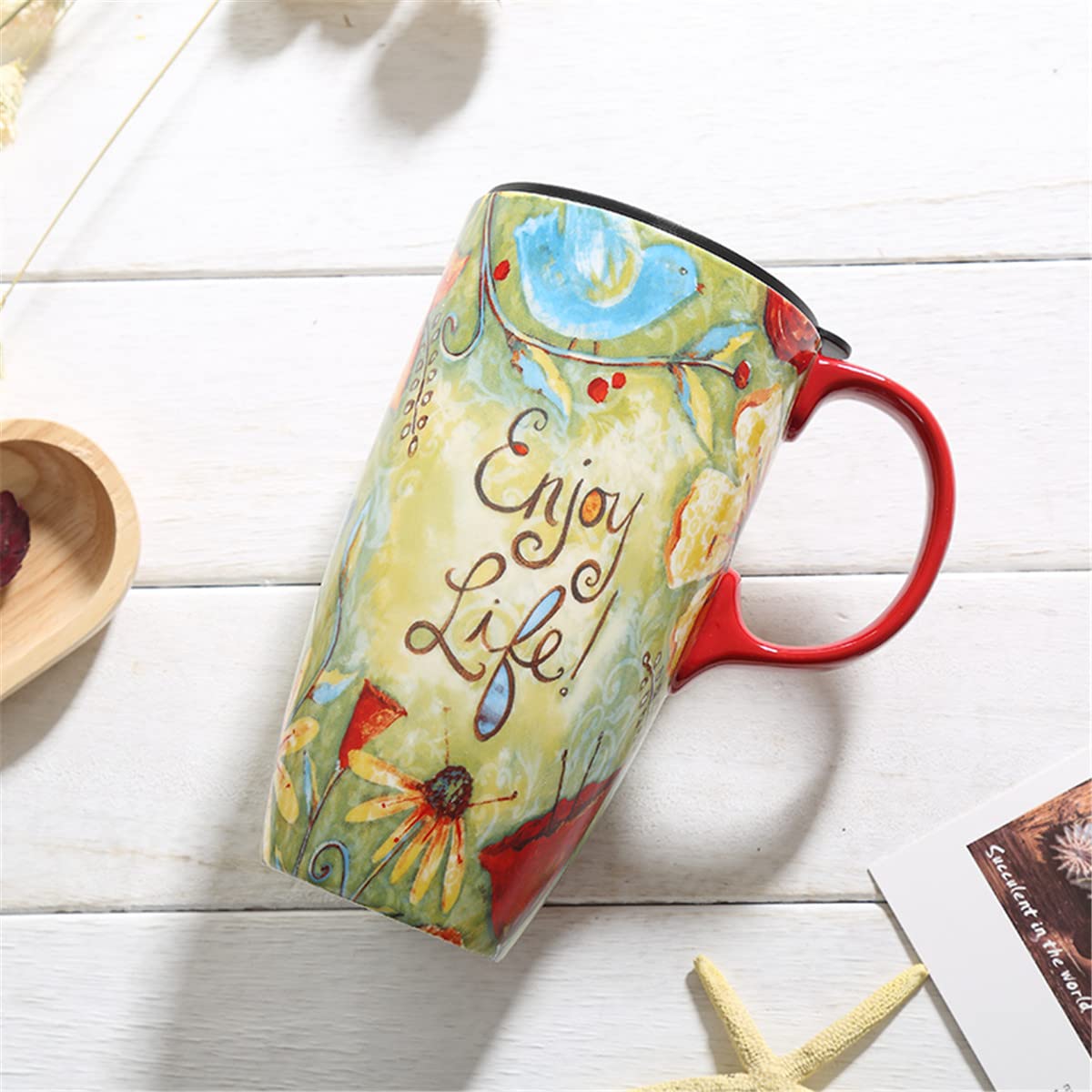 DUSVALLY Ceramic Mug Large Coffee Cup Tall Mugs Porcelain Latte Tea Cup with Lid 17oz,Enjoy Life — image 1