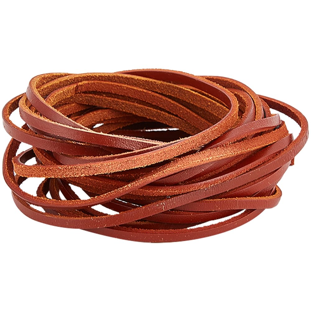 GORGECRAFT 3mm x 5m Genuine Leather Strip Flat Leather Cord 2mm Thick Cowhide Leather String Strap Braiding Thread Rope for Bracelets Neckacle Jewellery Making Boot Lace DIY Beading Crafts, Camel