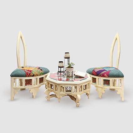 ExclusiveLane Teak Wood Modern Low Rise Living Room Cum Lobby Chair & Table Set With Dhokra & Patch Work -wooden chair sofa chair for home living room rest chair Dining Set Wooden Dining Table Chair Set For Living Room Hall Table Chair Set Coffee Table Chair Set For Garden