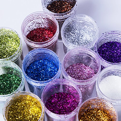 Korlon Glitter Powder Shakers, Extra Fine Glitter Set, Arts and Crafts Supplies Loose Cosmetic Glitter, Great for Slime, Scrapbooking, Face, Body, Nail Arts, Holiday Craft, Assorted Colors, Set of 12
