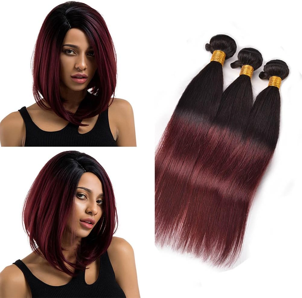 VolvetwigBrazilian Hair Human Hair Extensions Red Ombre Weave 3 Straight Bundles 1b 99j 2 Tone Grade 9a 14 16 18 inches