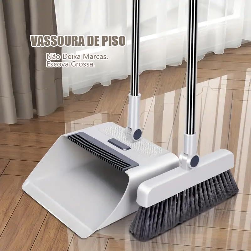 Conjunto de Vassoura e Pá de Lixo Dobrável 4 em 1, Cabo Longo Ajustável, Dentes Raspadores Antienroscamento, para Cozinha e Casa