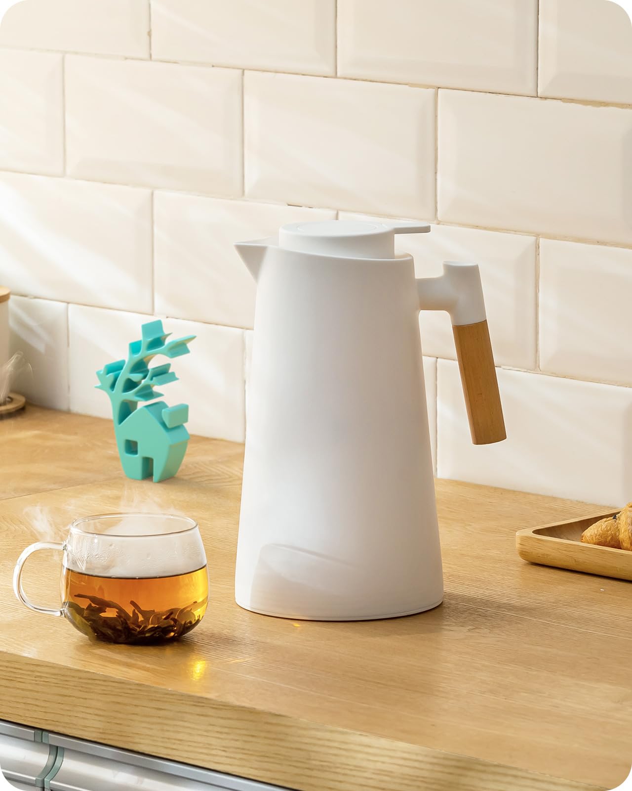 Baffect 1 Litre Thermal Coffee Carafe Jugs, Vacuum Insulated Coffee Pot with Press Button Top, 24 Hour Heat Retention Vacuum Jug for Coffee Tea (White)