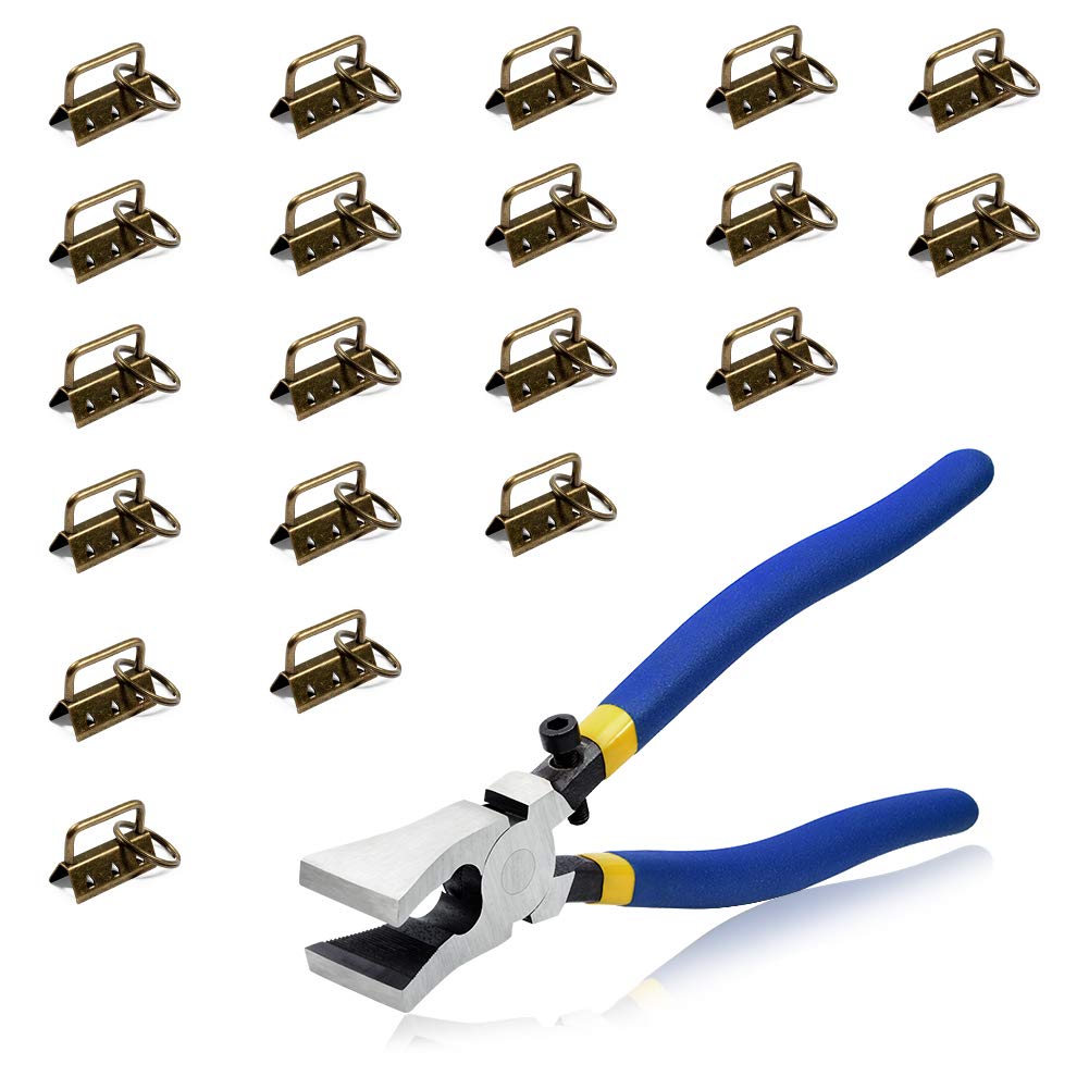 SPEEDWOX 20 Sets 1.25 Inch Key Chain Fob Hardware with Split Rings and Key Fob Pliers Kit Glass Breaking Pliers Tool for Webbing Fabric Strapping Wristlet Antique Brass Key Fob