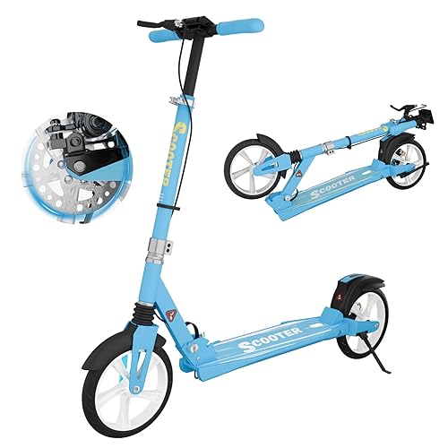 MEE GOO Scooter with Disc Brake & Dual Shock Absorbers, 200mm PU Wheels ABEC-7 Bearings, Foldable Scooter for Teenagers and adults, Non-Slip Deck - Pink/White/Blue (blue)