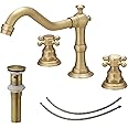 BWE 3 Hole Bathroom Faucet BWE Widespread 2 Handles Cross Knobs Antique Brass Sink Faucet Basin Mixer Tap Matching Metal Pop Up Drain with Overflow and Supply Lines