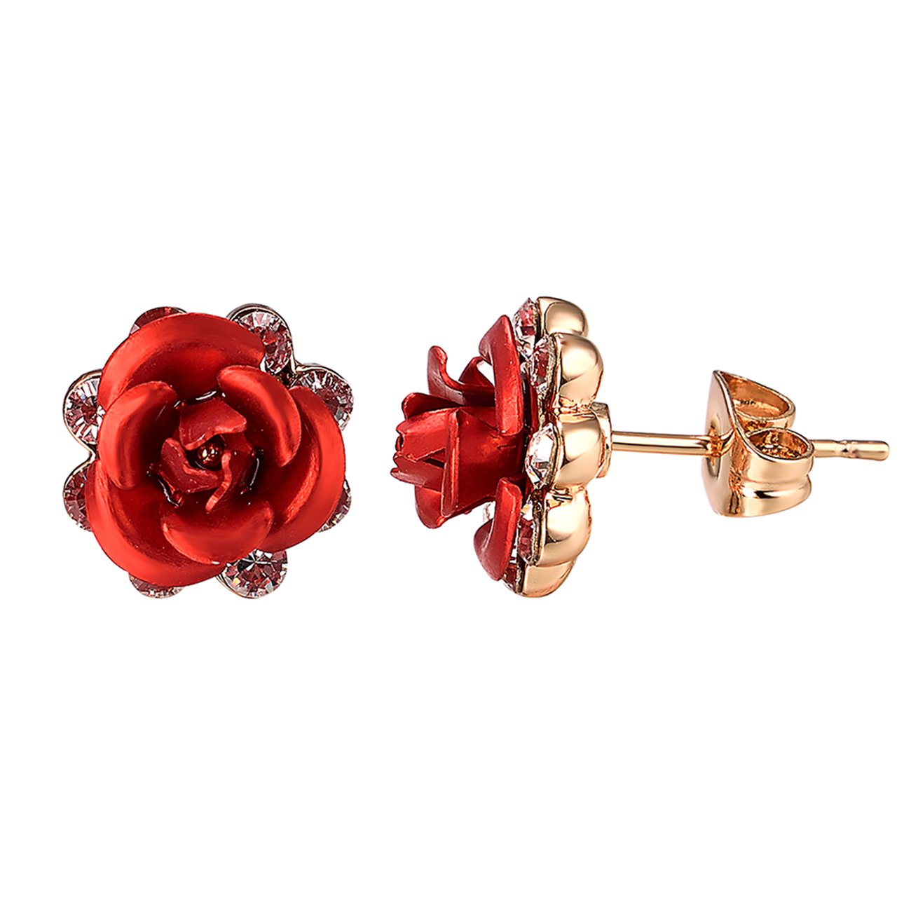 Vogem Red Rose Flower Stud Earrings for Women 18ct Rose Gold Plated Tiny Pierced Ears Earring Ladies Jewellery