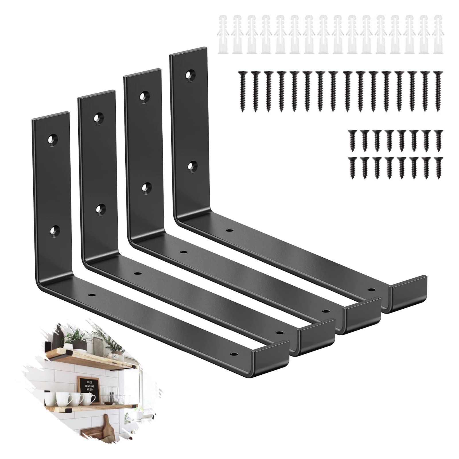 Ohiyoo 4 Pcs Black Shelf Bracket, 9 inch Heavy Duty Shelf Brackets Scaffold for Scaffold Board Shelving, Rustic Wall Mounted Shelve Brackets Floating Shelf L Shape (5.5 * 9 inch)
