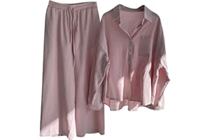 Lmdudan Women's Cotton Linen Outfits Pockets Button Up Long Sleeve Top and Wide Leg Pants 2 Piece Shirts Sets Summer Suit