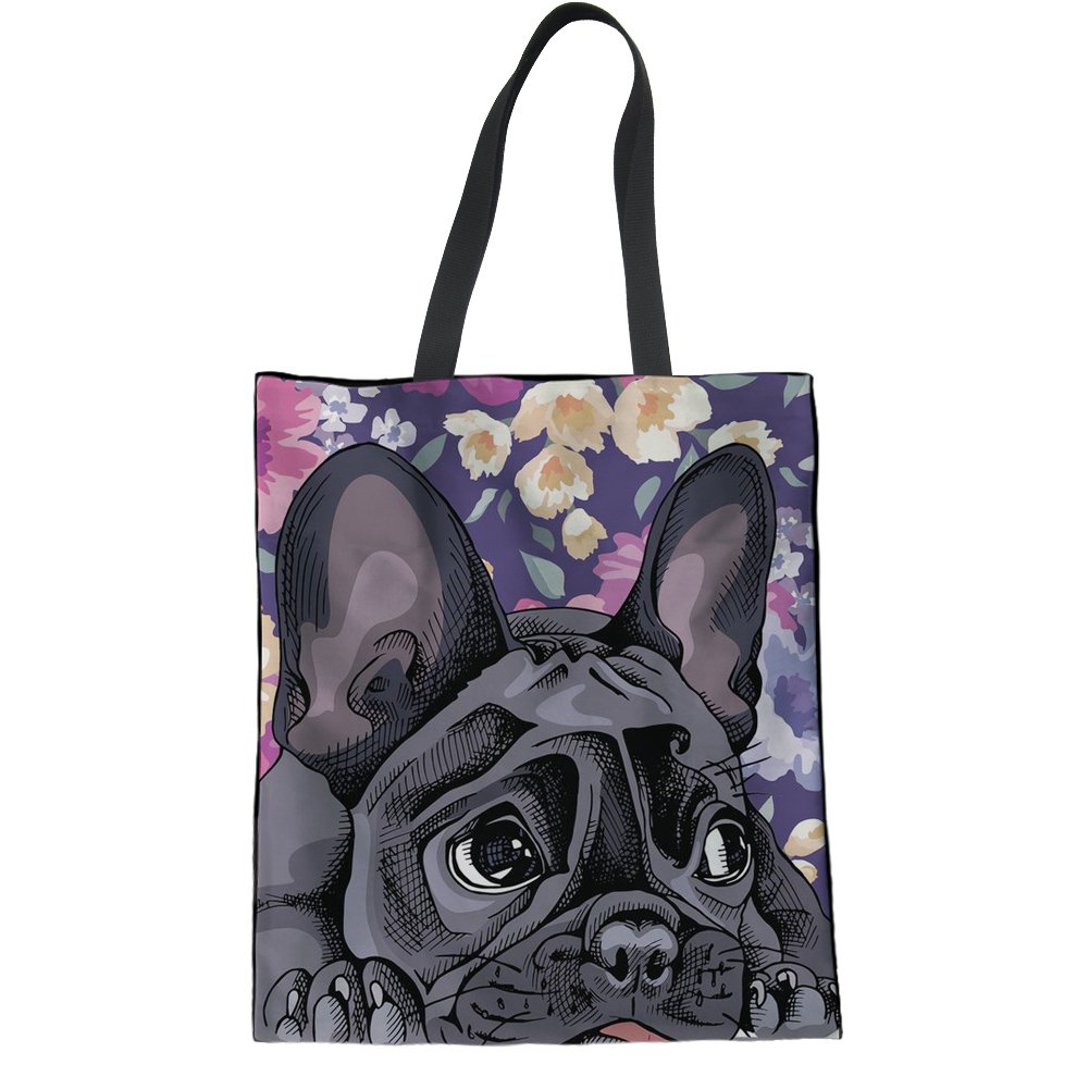 Coloranimal Gym Sports Travel Hiking Inner Pocket Linen Tote Bag French Bulldog Linen Tote Bag Summer Beach Bags for Women Ladies Lightweight Carrier Organization