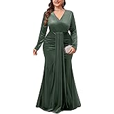 ZOMVA Plus Size Velvet Wrap Dress Long Sleeve V Neck Mermaid Maxi Formal Evening Gowns for Wedding Guest Cocktail Party