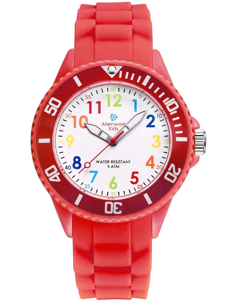 Alienwork Kids Children's Teacher Watch Girls Red Silicone Strap Multi-Coloured Children's Kid Waterproof 5 ATM Learning Time