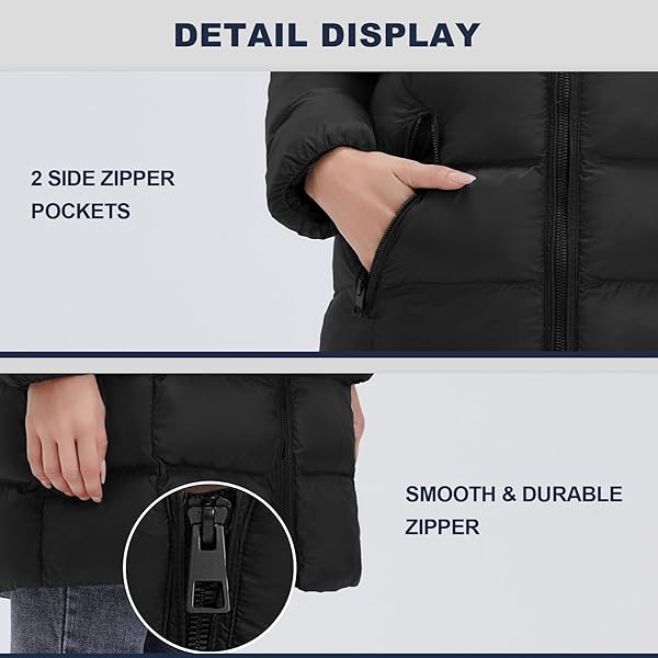 SLOWTOWN WOMEN’S PUFFER JACKET LIGHTWEIGHT HOODED PUFFY COAT MID-LENGTH WARM LONG PUFFER COAT (DEEP BLACK, X-LARGE)