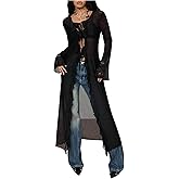 SweatyRocks Women's Sheer Mesh Y2K Tie Front Tops Bell Sleeve See Through Going Out Tops Party Outfits