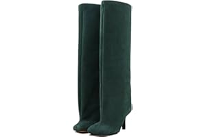 UBWDU Women's Suede Knee High Boots Square Toe Stiletto Heels Wide Calf Tall Boots
