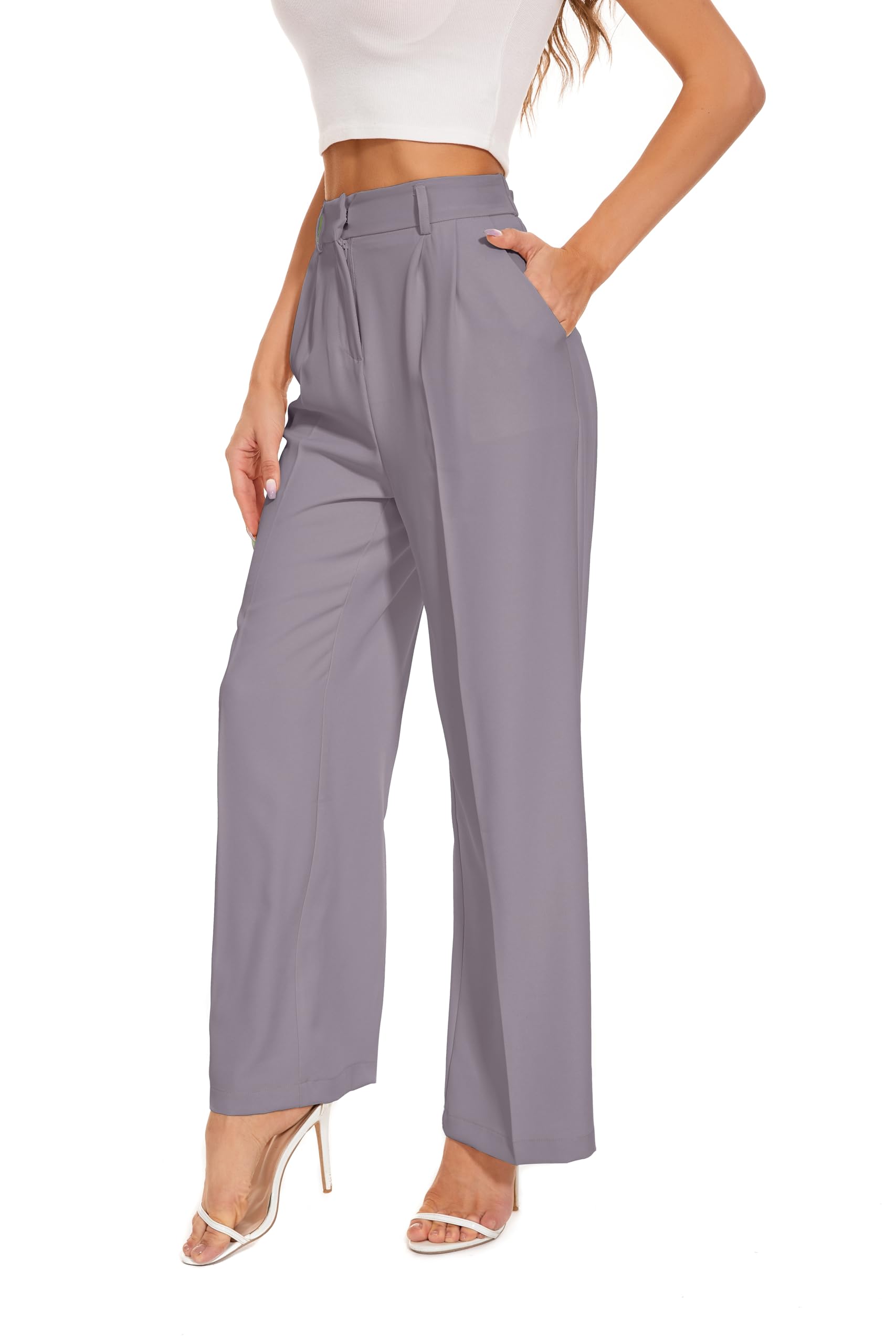 Photo 1 of FUNYYZO Women's Wide Leg Pants High Elastic Waisted in The Back Business Work Trousers Long Straight Suit Pants, 006# Purple (Thin)
