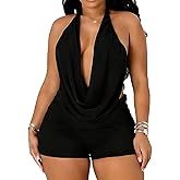XYZDRESSOR Sexy Two Piece Club Outfits for Women Mesh Halter Deep V Neck Backless Top and Short Pants Clubwear Sets