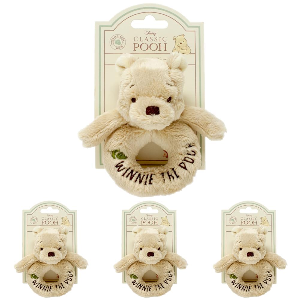Official Disney Winnie The Pooh Rattle - Soft Pooh Bear Baby Toy by Rainbow Designs (Pack of 4)