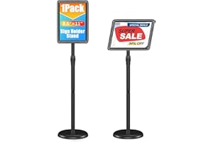 Pedestal Sign Holder Stand 8.5x11 Inch Adjustable Heavy Duty Floor Standing Sign Stand with Round Base Snap open frame 360° R