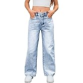 MakeMeChic Girl's Jeans Baggy Wide Straight Leg High Elastic Waisted Denim Pants Y2k Kid 7-14Y