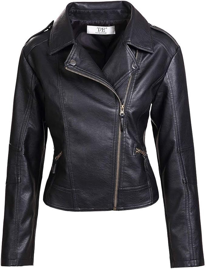 ZAKASA Women Leather Jackets Slim Fit Lapel Zip Up Faux Leather Biker