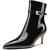 NobleOnly Mid Kitten Heel Close Beaded Pointed Toe Ankle Boots for Women Buckle Side Zipper Casual Office Short Boots 2.6 Inches