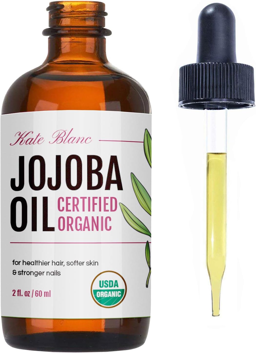 Jojoba Oil, USDA Certified Organic, 100% Pure, Cold Pressed, Unrefined. Revitalizes Hair & Gives Skin a Radiant Youthful Look. Effective Treatment for Face, Lips, Cuticles, Stretch Marks. (2 oz)