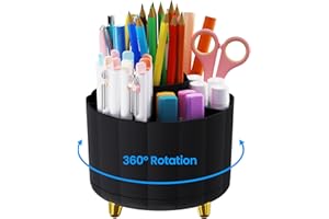IVEETTY Pencil Holder for Desk 360 Rotating, Pen Holder for Desk or Classroom, Pencil Cup & Pen Organizer, Rotating Caddy, Makeup Brush Holders with 6 Slots, Black