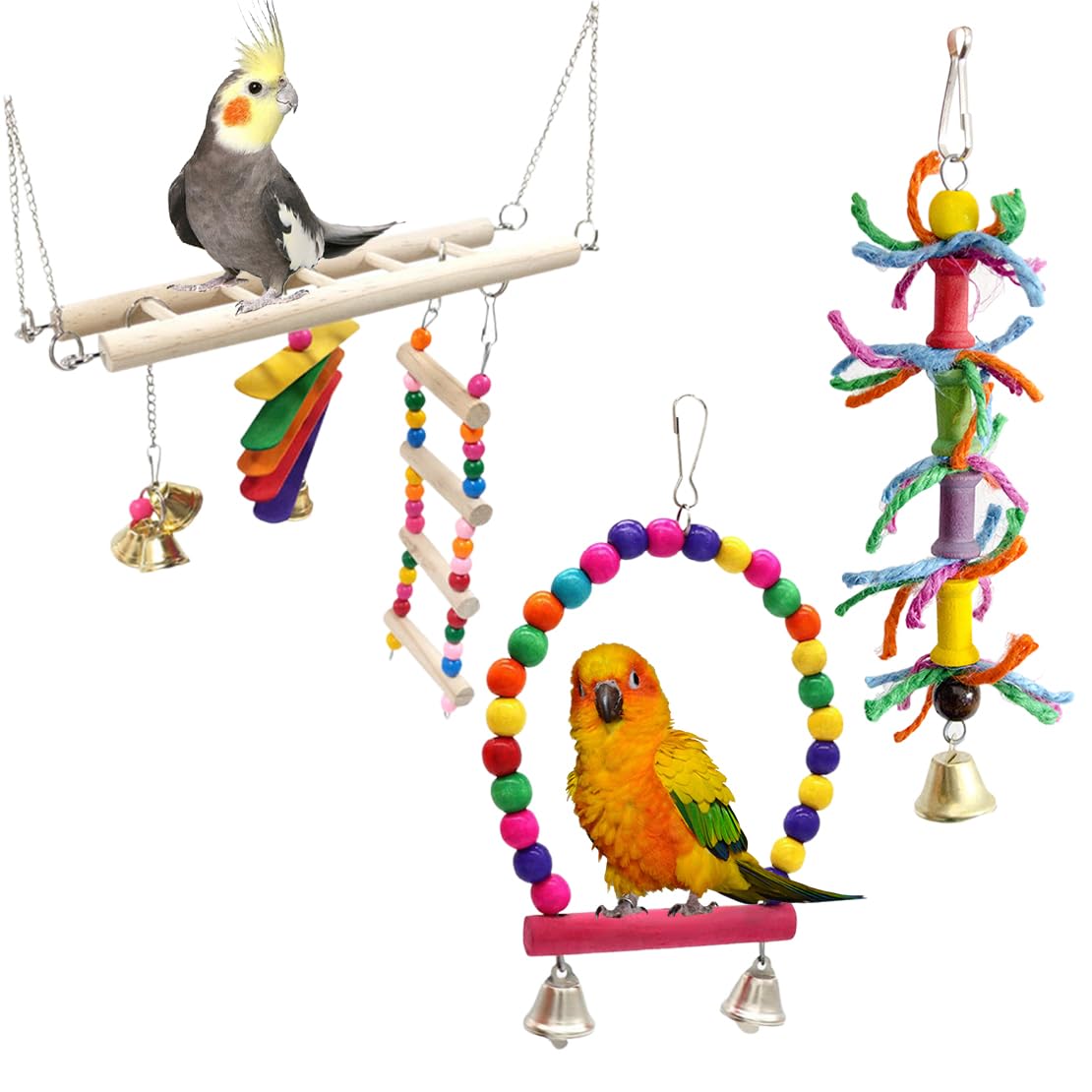DeryArcle Bird Toys For Parakeet Kit, Parakeet Swing Hanging Standing Toys + Parrot Climbing Ladder + Colorful Bird Chewing Toy, Ideal For Small Parakeet Cockatiel Macaw Finches Doves