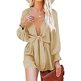 AlvaQ Rompers for Women 2024 Summer Tie Knot Front Sexy V Neck Short Jumpsuits
