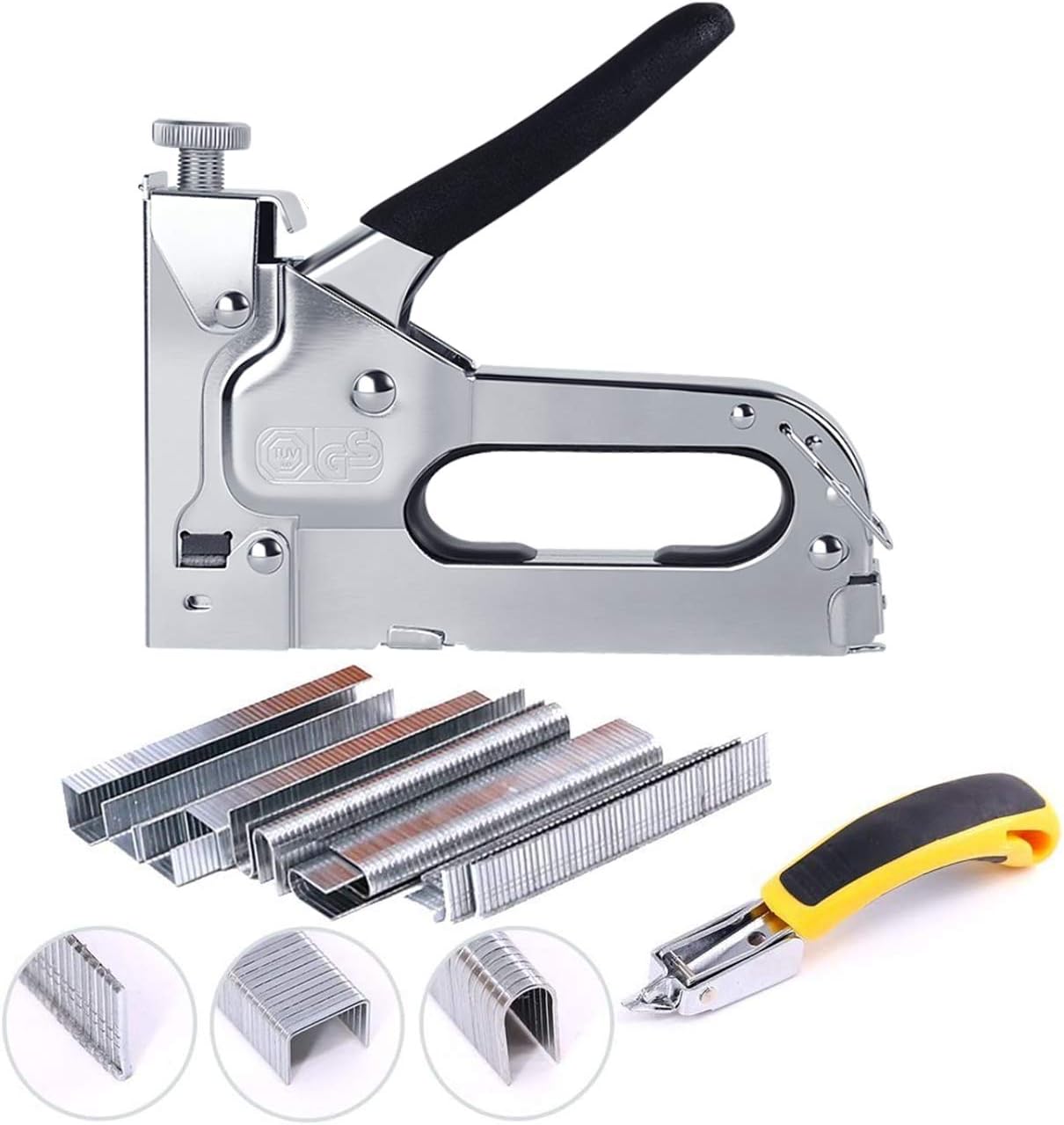 Staple Gun Heavy Duty 3 in 1 Stapler Kit with Staple Remover and 3000 Staples(D, U and T-Type),Manual Nail Gun for Upholstery, Material Repair, Carpentry, Decoration, Furniture,DIY, Doors,Windows