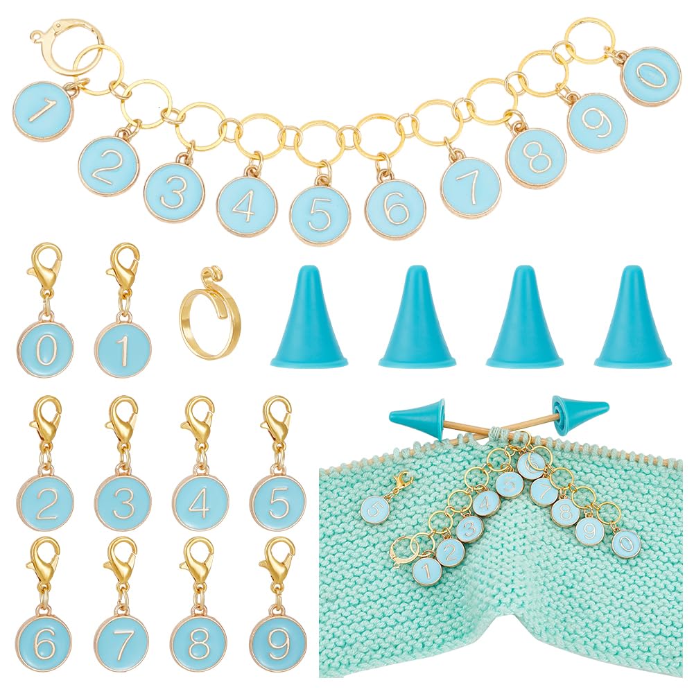 BENECREAT 16Pcs Number Stitch Marker Charms, Alloy Enamel 0~9 Knitting Row Counter Chains Enamel Locking Stitch Charm with Needle Protectors for Knitting Weaving Sewing, Deep Blue