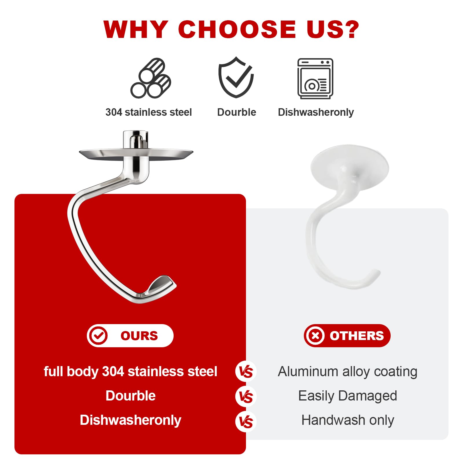 Stainless Steel Dough Hook for Kitchenaid Stand Mixer, Bread Hook for 4.5Qt -5 Qt Tilt-Head Stand Mixer, Dough Hook for Kitchenaid Mixer Attachments, Dishwasher Safe by GVODE