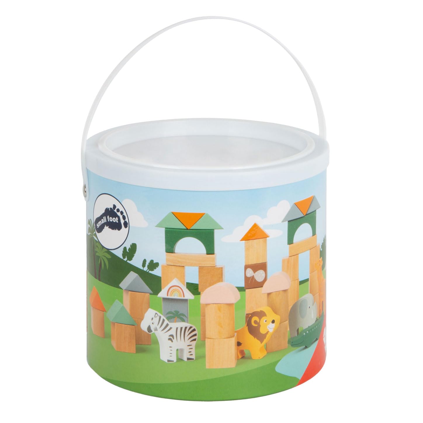 Small Foot 11699 Wooden Building Blocks Safari, set with animal motifs in storage box, for ages 12+ months