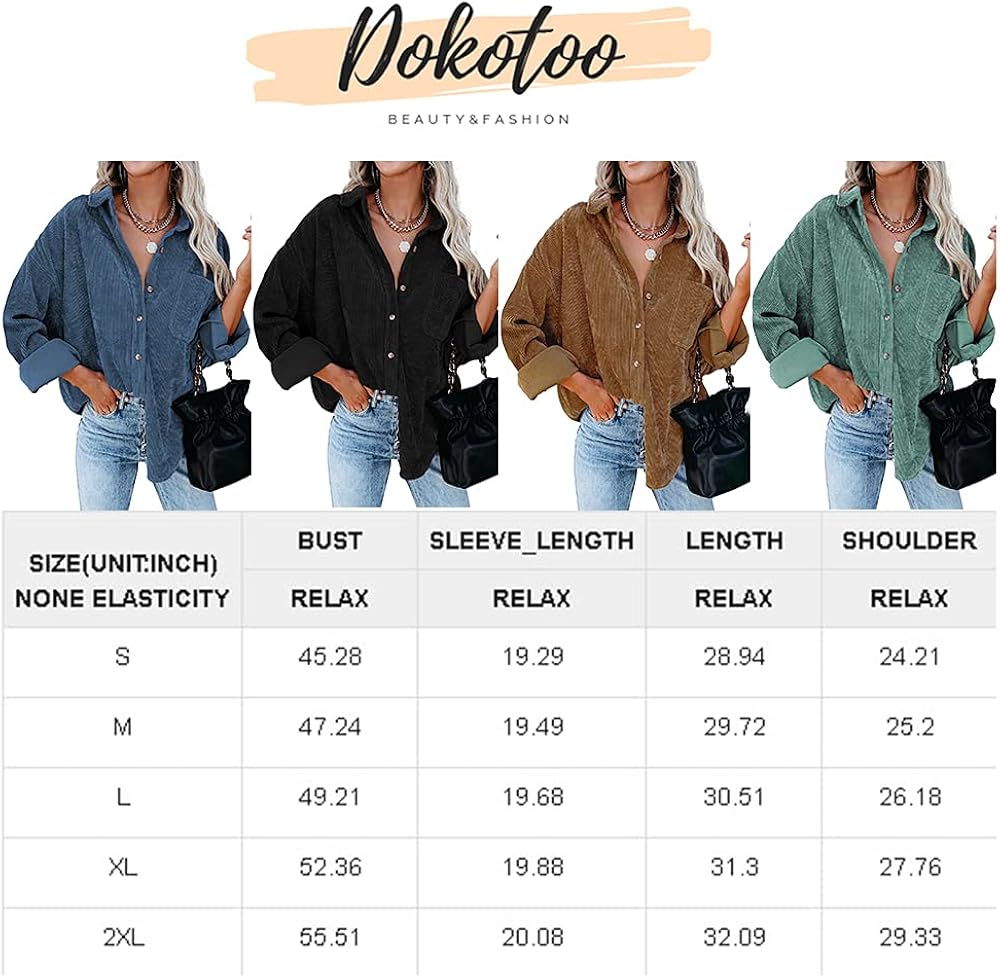 Dokotoo Womens Corduroy Button Down Shirts Boyfriend Long Sleeve Oversized Blouses Tops: Clothing