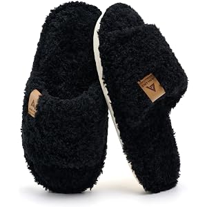LUCKOBI Women's Fuzzy Open Toe Slippers with Memory Foam | Soft plush upper, easy slip-on fit and non-slip sole for cozy comf