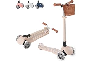 ML MOMNLITTLE MomnLittle Kick Scooter for Kids Ages 3-10 (Beige/Pink/Navy/White) 3 Wheeled with LED Light-Up Wheels CPSC Certified Foldable and 4 Height Adjustable Toddler Scooters for Boys Girls