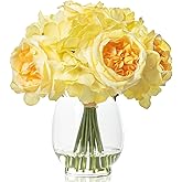 Artificial Flowers in Vase, Silk Peony Rose Hydrangea Yellow Flowers with Vase & Fake Water, Fake Flowers Arrangement for Home Hotel Office Wedding Dinning Table Centerpiece Party Decor & Mom's Gift