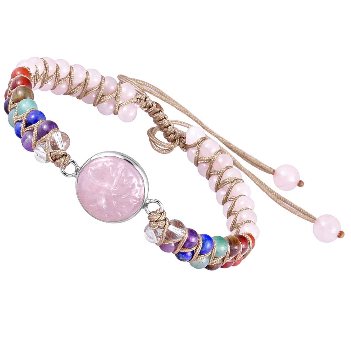 KYEYGWO 7 Chakras Crystal Rose Quartz Stone Beads Bracelet for Women and Men, Tree of Life Charms Adjustable Bangle for Prayer Balancing Yoga Meditation