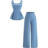 winkbay Women's 2 Piece Casual Summer Outfits Elegant Lace Up Square Neck Tank Top and Wide Leg Pants Set
