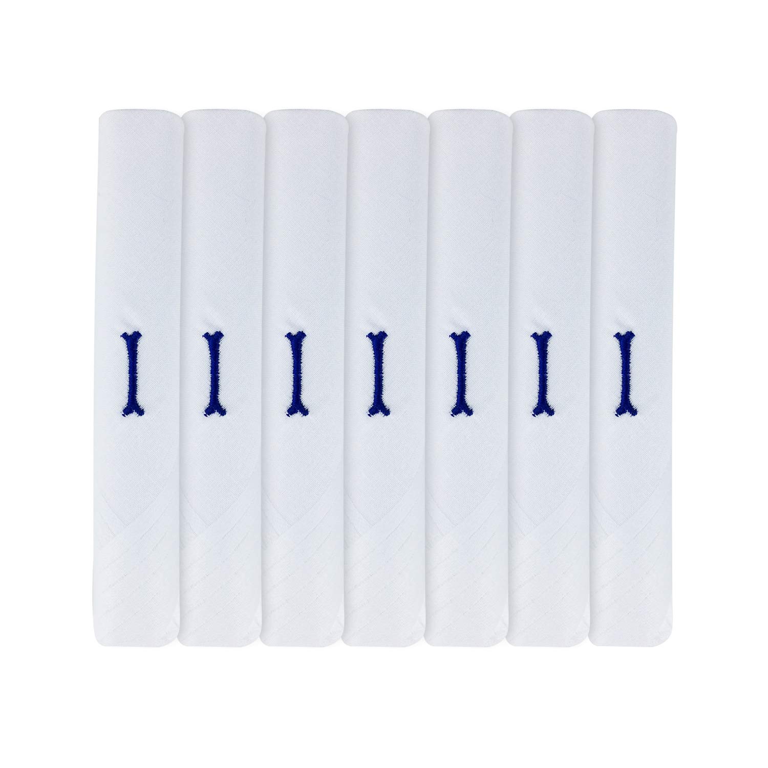 7 Pack Of Mens/Gentlemens White Satin Bordered Handkerchiefs With & Blue Embroidered Initials, I