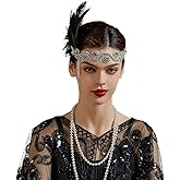 Comott 1920s Flapper Headpiece for Women,Black Rhinestone Pearl Feather Headbands Great Gatsby Headpiece Accessoreis for Girls