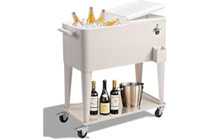 Outvita 80 Quart Rolling Ice Chest, Portable Bar Drink Cooler with Catch Basin, Bottom Storage Tray and Bottle Opener for Patio Party BBQ Beach Activities